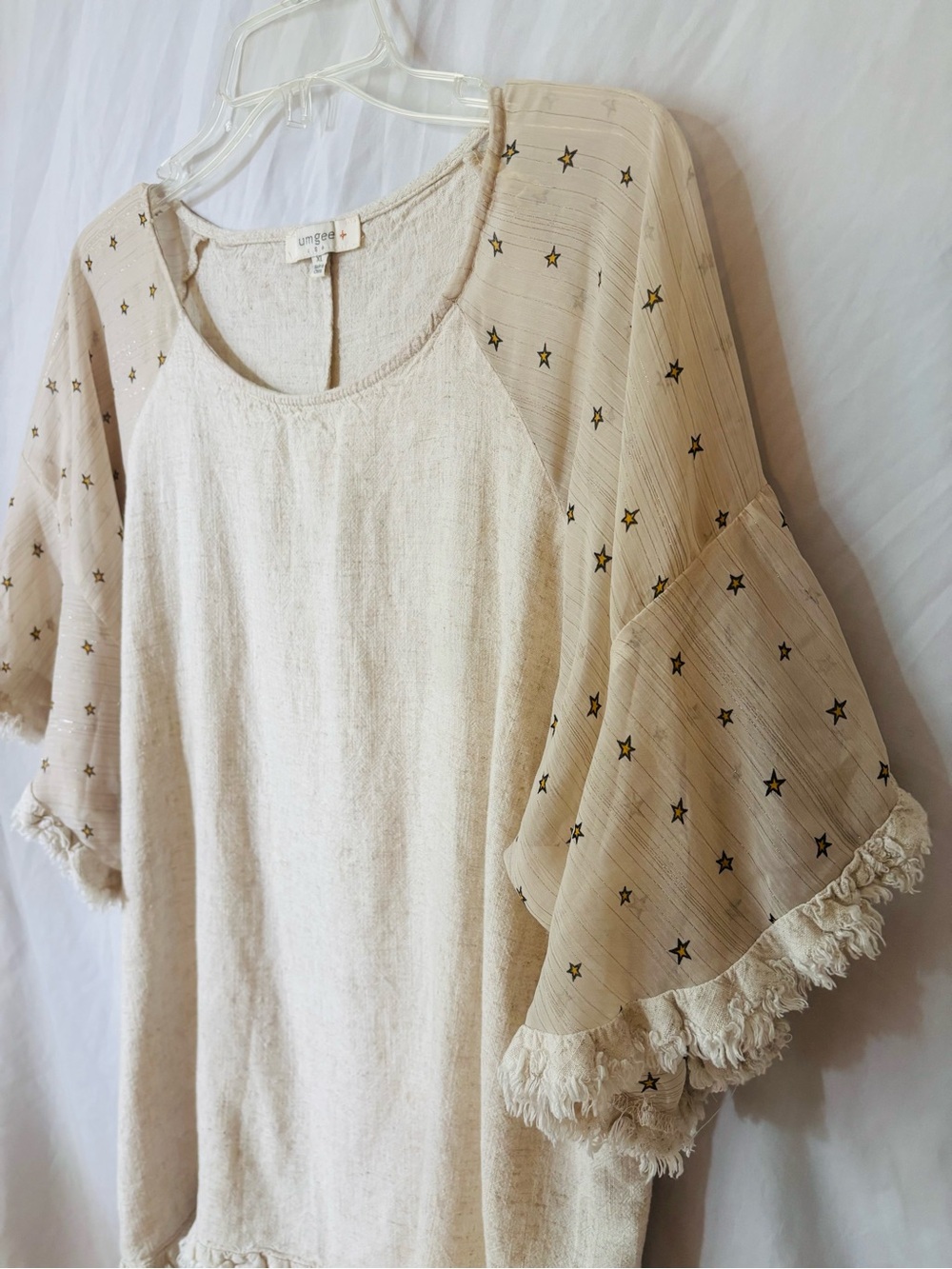Umgee Cream Star-Sleeve Fringe Linen Tunic Top